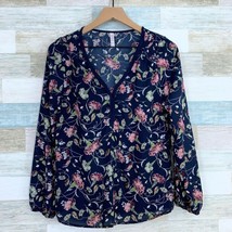 Xhilaration Floral Peasant Blouse Blue Pink Rope V Neck Long Sleeve Wome... - £6.64 GBP