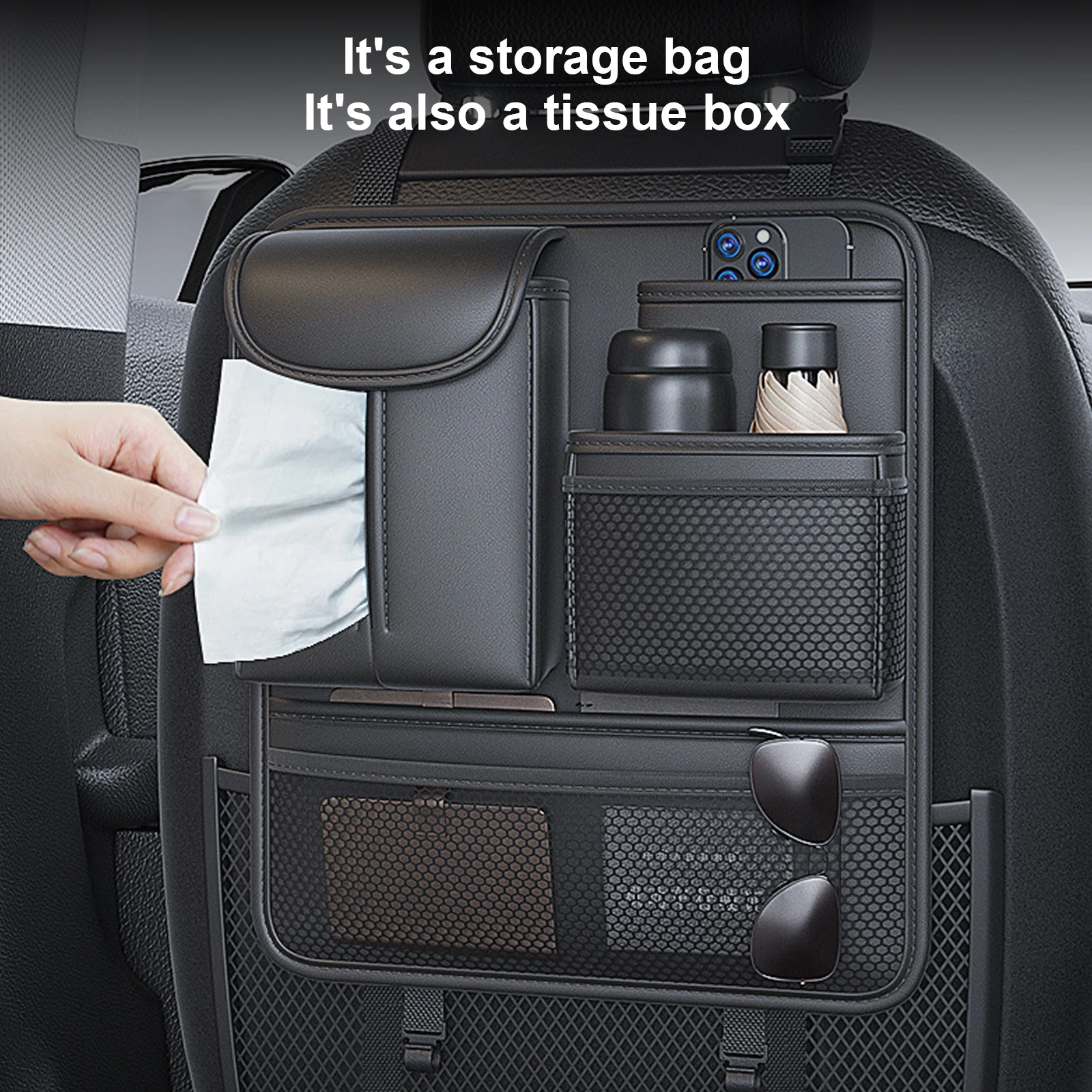 Car Organizer Premium Leather Seat Back Car Storage Bag With Tissue Boxes Auto - £29.81 GBP
