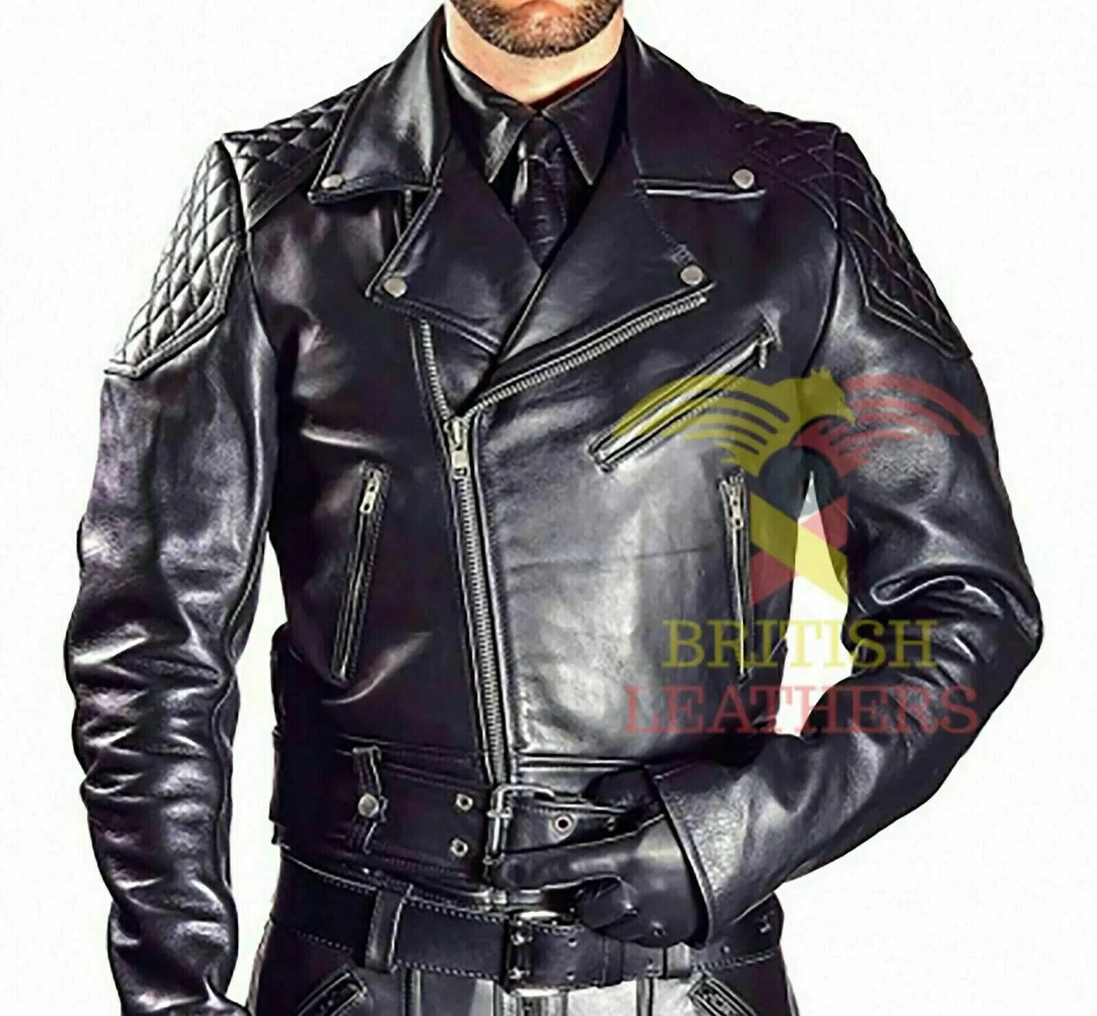 Primary image for Mens Real Cowhide Bikers Jacket Quilted Panels Schwarz Cuir Lederhemd Size XL