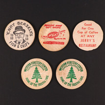 Lot of 5 Wooden Nickel / Dollar Token, Souvenirs, 1970s Henry Beazely&#39;s, Jerry&#39;s - $14.26