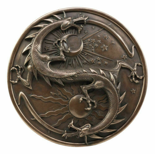 Double Dragon Alchemy in Robust Yin Yang Astrology Fusion Wall Plaque Sculpture