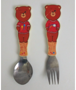 1983 W.A. Teddy Bear Fork &amp; Spoon Set Stainless Steel/Plastic Made in Ho... - $13.52 CAD