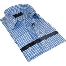 Men 100% Cotton Shirt Manschett Quesste Turkey Slim Fit 6012-02 Sky Blue Checker image 7