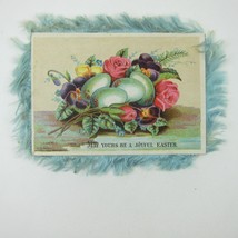 Victorian Greeting Card Easter Blue Silk Fringe Double Sided Flowers Egg... - $19.99