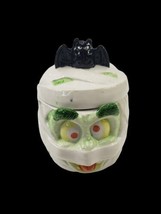 Vintage Halloween Mummy Cookie Jar Candy Dish with Lid Black Bat Ceramic  - £26.72 GBP