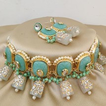 Indian Bollywood Style Gold Plate Kundan Choker Necklace light Blue Jewelry Set - £37.96 GBP