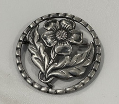Sterling Silver 925 Open Work Round Circle Detailed Flower Leaves Pin Br... - $80.44