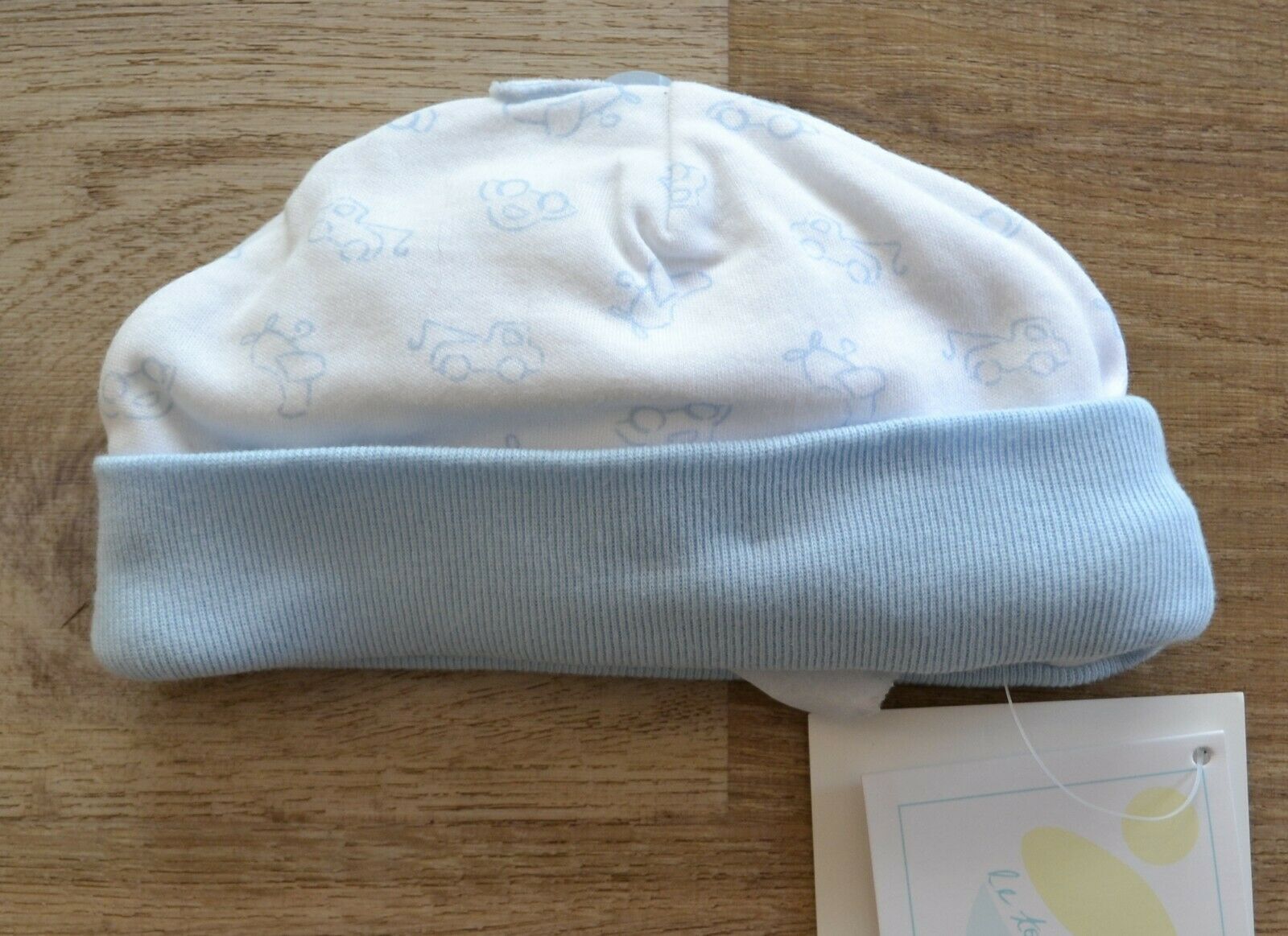 Primary image for Le Top Cotton Baby Cap Hat - Cars, Trucks & Planes Blue and White , 0-6M