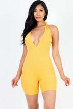 Gold Yellow Casual Solid Halter V Neck Ribbed Bodycon Romper - $12.00