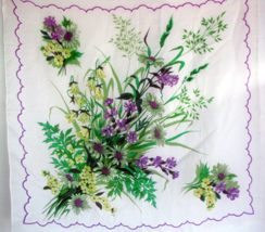 Vtg 80s Scarf Lilac &amp; Buttercream Flowers Rayon Large Square Hand Rolled Japan - £11.14 GBP