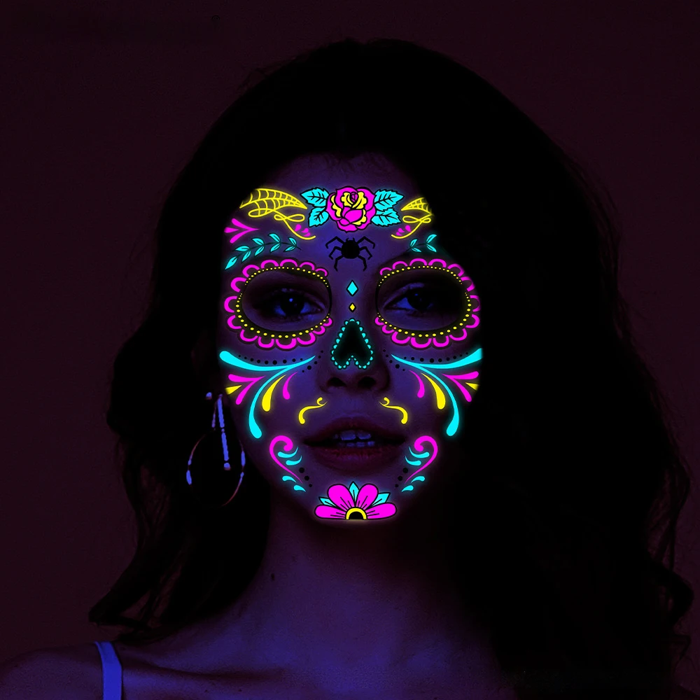 Play Fluorescent Halloween Face Tattoo Sticker Day of the Dead Funny Temporary N - £22.91 GBP