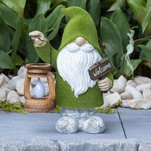 Flocked Welcome Gnome with Lantern Solar Powered LED Outdoor Decor Garden Light  - £43.16 GBP