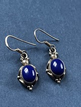 Small Bright Blue Oval Stone in 925 Marked SIlver Frame Dangle Earrings for Pier - £13.12 GBP