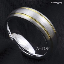 8mm Dome Silver brushed Tungsten ring Gold inlay men&#39;s jewelry wedding ring   - £23.53 GBP
