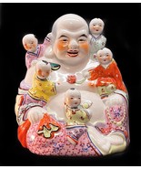 Laughing Buddha Chinese Famille Rose Porcelain With Children Statue 8”x ... - $79.17