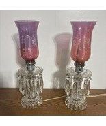 Set Of 2 Dresser Lamps With Cranberry Shade Flower Etched Crystal Prism ... - £60.26 GBP