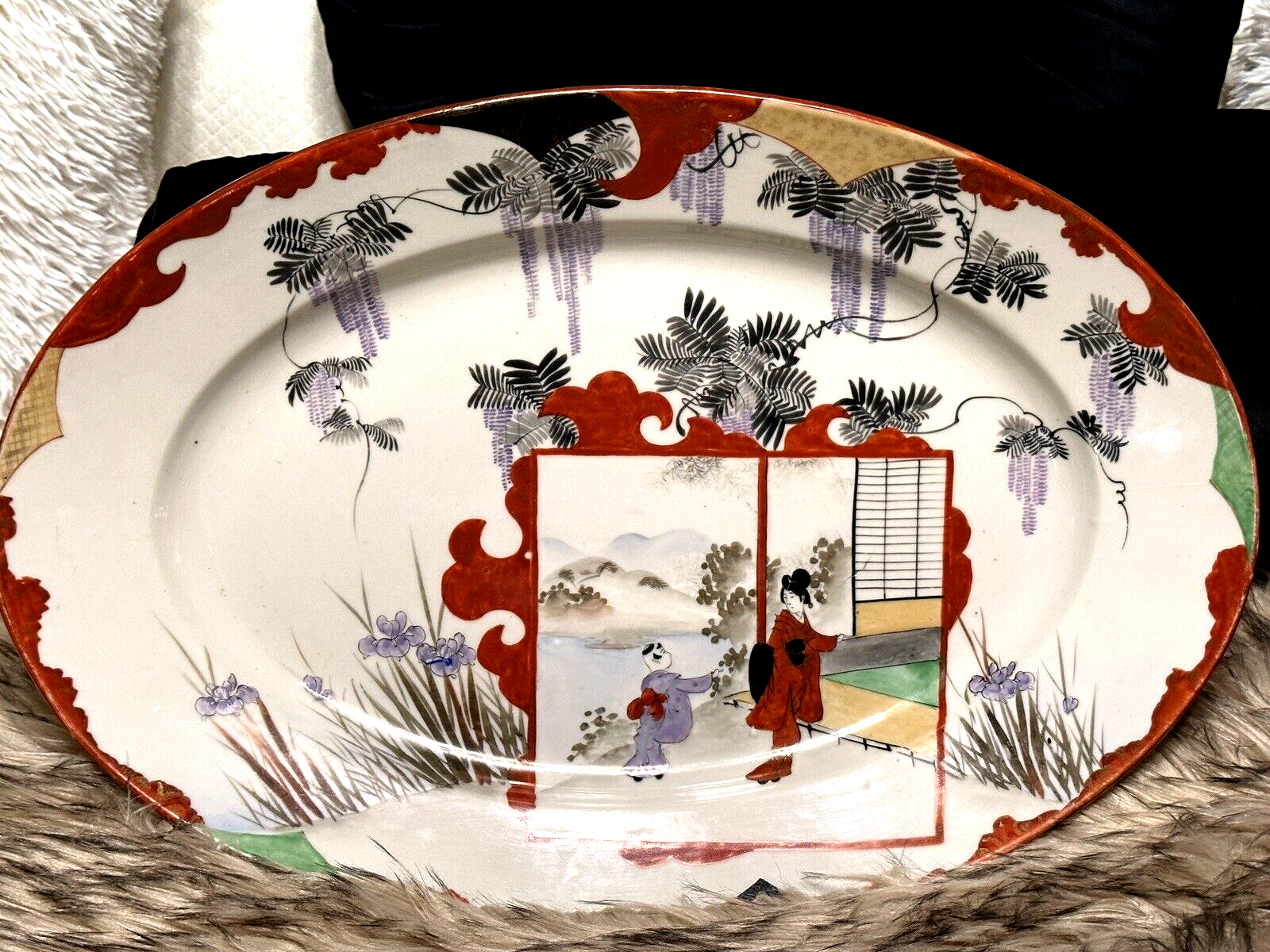 Primary image for Antique Oriental Japanese Kutani Platter Marked Hand Painted China Geisha Plate