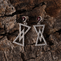 925 Sterling Silver Red Garnet &amp; Cubic Zirconia Cherry Triangle Dangle Earrings - £107.91 GBP