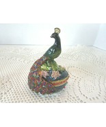 JEWELED PEACOCK HINGE TRINKET BOX ORANGE FEATHERS BLUE JEWELS BLUE BOX 3... - $25.54 CAD