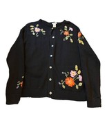 Classic Elements Floral Embroidered Black Cardigan L Cotton Blend Sweate... - £22.04 GBP