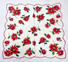 Vintage Cotton Hankie Christmas Poinsettia Scalloped Edges  12 Inch - $8.42