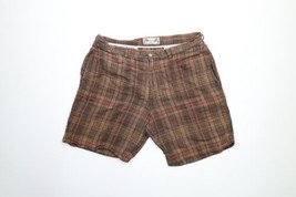 Vintage 90s Streetwear Mens 40 Faded Flat Front Linen Chino Shorts Brown Plaid - £31.34 GBP