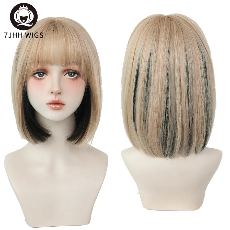 7JHH WIGS Short Bob Straight Ombre Blonde Wigs With Bang For Girl Black Fema - £14.37 GBP+