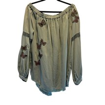 Billy T Embroidered Top Butterfly Off The Shoulder Green Long Sleeve Siz... - £25.48 GBP