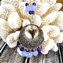 Purple Jasper Blue Chalcedony Necklace Silver Tone Filigree Pendant Handmade - £31.89 GBP