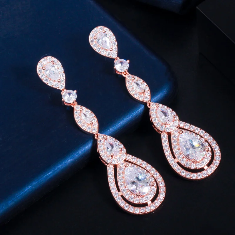 Rose Gold Color Luxury Long Dangle Round Water Drop Elegant CZ Earrings for Wome - $14.97