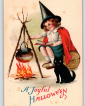 Halloween Postcard Ellen Clapsaddle Girl Witch Caldron Black Cat Wolf Se... - £82.85 GBP