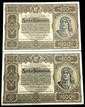 Hungary 100 Korona 1920 P63 aUNC TWO Consecutive Numbers RARE - 100 Years Old - £452.31 GBP