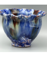 Vintage Art Pottery Vase Bowl Blue Drip Flow Glaze Italy Handmade Ruffled - $214.58 MXN