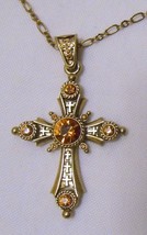 Jbk Vintage Cross Pendant Necklace Gold Tone Topaz Orange Rhinestones 18&quot; - £55.90 GBP