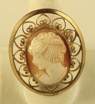 Vintage 12KT Gold Filled Cameo Shell Round Heart Filigree Victorian Ring - £45.56 GBP
