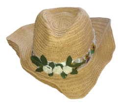 Soft Straw Cowboy Hat Women&#39;s One Size With Floral Duck Ribbon Woven Ros... - $31.02
