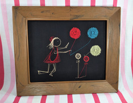 Charming Mid Century Glen Saeger • Girl with Balloons Framed String Art ... - £22.12 GBP