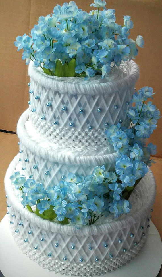 White and Light Blue Themed Baby Shower Decor Elegant 3 Tier Diaper Cake Gift