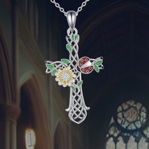 Ladybug Cross Necklace 925 Sterling Silver Sunflower Celtic Knot Cross - $95.21