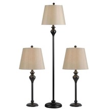 3-Piece Floor Lamp and Table Desk Lamp Set in Black with Light Gold Drum... - $368.49