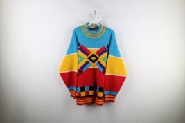 Vintage 90s Coogi Style Womens Large Distressed Rainbow Knit Mock Neck Sweater - £45.05 GBP