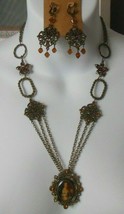 Vintage Lady Portrait Amber Color Rhinestone Pendant Necklace &amp; Earrings - $58.41