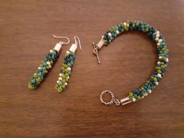 Kumihimo bracelet and earrings set in mixed green colors (item 107) - £23.59 GBP