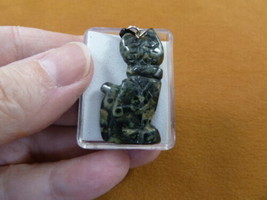 ann-cat-10) green black jasper Cat gemstone carving PENDANT necklace Fet... - $12.19