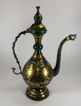 Vtg. Coffee Pot Indian Moroccan Solid Brass &amp; Green Enameled 17 1/2&quot; TAL... - $36.43