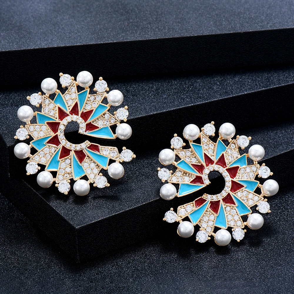 Luxury Geometric Imitation Pearls Stud Earrings for women Wedding Crystal Zircon - £32.69 GBP