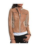 Leith Quilted Leather Racer Jacket Sz XS Camel Beige - $1,891.59 MXN