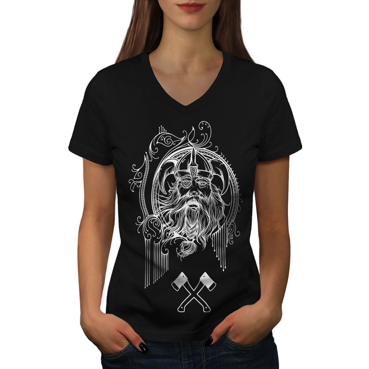 Viking Face Warrior Shirt Battle Axe Women V-Neck T-shirt - $12.99