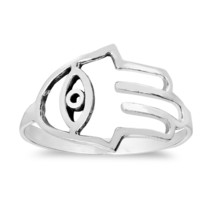 Hamsa Hand Evil Eye Protection Sterling Silver Band Ring-8 - £9.33 GBP