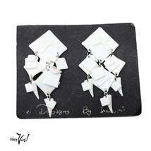 Vintage 1980s Shiny White Dangle Earrings on Card New/Old Store Stock - ... - £11.06 GBP